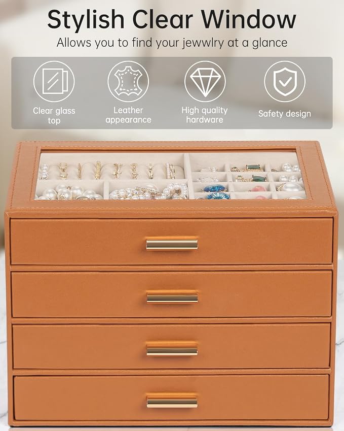 AKOZLIN Jewelry Box with Clear Lid Functional Leather Jewelry Storage Organizer Case 4 Drawers for Women Girls Necklace Ring Bracelet Earring Orange