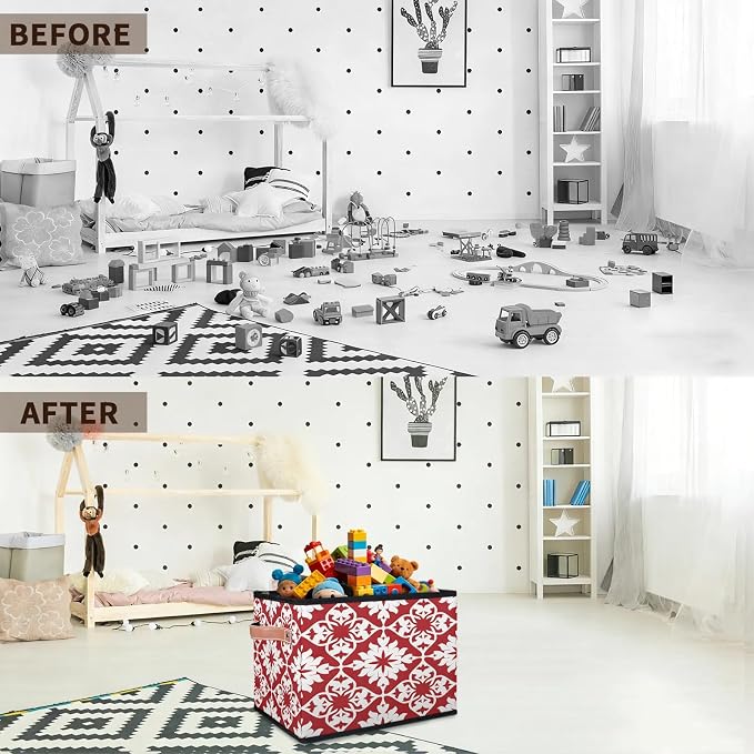 Mexican Tile Closet Storage Bin, Foldable Storage Baskets for Shelves, Decorative Shelf Organizer Red Mexico Tile Fabric Cube Bin for Living Room Bedroom Home Dorm