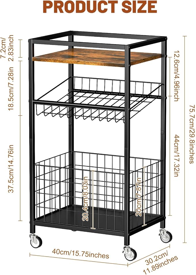 Fruit Vegetable Cart, 3-Tier Snack Cart on Wheels & Wood Top, Brown | Vegetable Rack For Kitchen, Kitchen Cart Organizer for Fruit, Vegetables, Potato, Snack