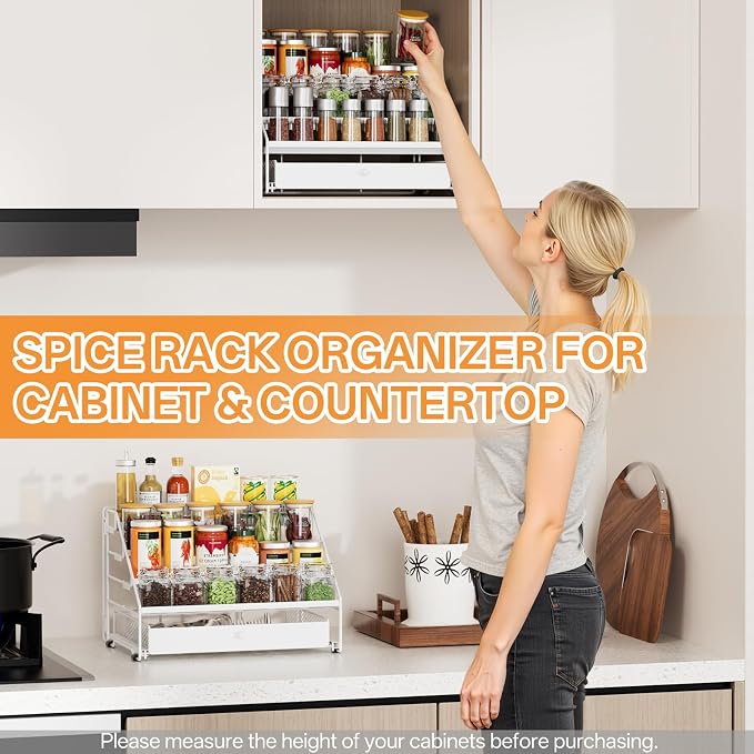 DTUQYX Spice Rack Organizer for Cabinet: 4 Tier Spice Organization with Drawer, Depth Adjustable Metal Shelf for Kitchen Countertop, Cupboard, Pantry, Holds Seasoning and Condiments (White)