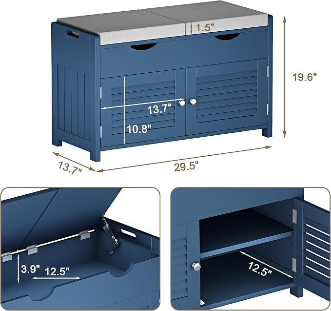 ChooChoo Shoe Storage Bench with Lift Top Storage & Cushioned Seats | 29.5" Entryway Bench with 3 Compartments & Adjustable Shelf, for Entryway, Blue