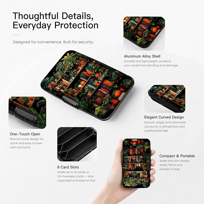 Credit Card Holder Bookshelf Botanical Mini Aluminum Wallet | Women Men, Slim Design, RFID Blocking, Metal Business ID Case