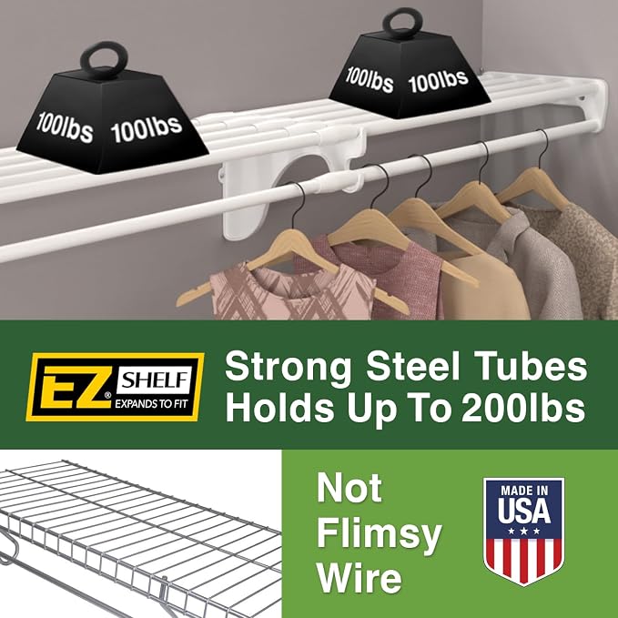 EZ Shelf-Expandable-Closet Shelf (NO Hanging Rod)- 42.5” to 75” -White-Easy Install to Backwall(Floating)-Wire Closet Shelving Alternative-(EZS-SW72-1-2)