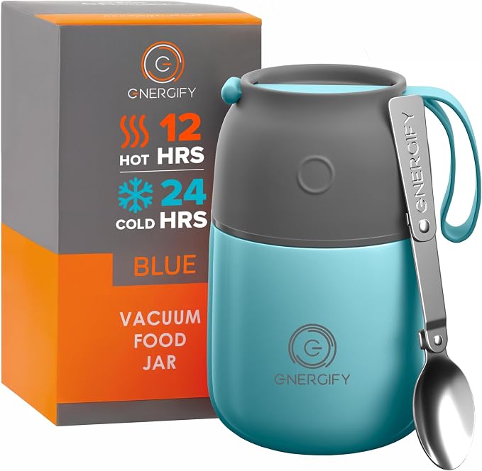ENERGIFY Vacuum Insulated Food Jar. Large 17oz Bowl incl. Folding Spoon, Cup. Wide Mouth Keep Hot & Cold Drinks Soup Lunch Container for Adults. BPA-Free Stainless Steel, Leak Proof Blue