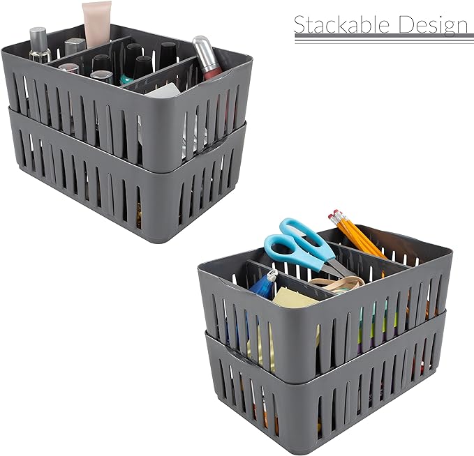 Simplify 2 Pack Compartment Stackable Bin with Adjustable Dividers | Drawer Organizer | Storage Basket | Good for Office | Desk Supplies | Dorm | Bathroom | Accessories | Make Up | Grey