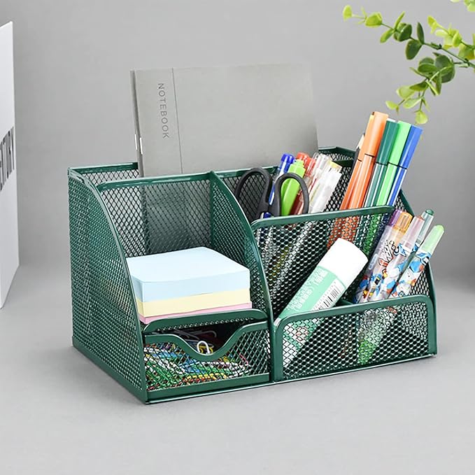 VANRA Office Supply Caddy Metal Mesh Desktop Supplies Organizer School Supply Holder Stuff Storage Organizer 6 Compartments with Drawer (Olive Green)