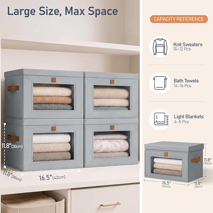 DIMJ Storage Bins with Lids - 6 Pack Front Opening Stackable Fabric Storage Boxes with Clear Window & Handles, Collapsible Closet Organizers for Clothes, Sweaters, Shelf Storage, Bedroom, Gray