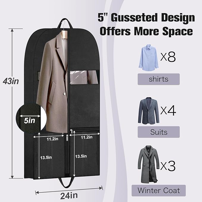 43" Garment Bag for Closet Storage, Travel Suit Cover for Hanging Clothes | Breathable garment cover with zipper and handles, protects suits, shirts, coats and jackets at home or on trips.