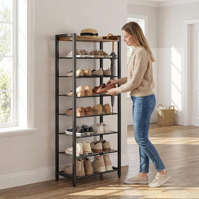 HOOBRO 8 Tier Shoe Rack, Large Capacity Shoe Storage for 14-16 Pairs, Sturdy Metal Shoe Shelf for Closet Entryway, Space Saving Shoe Organizer for Sneakers Heels, Rustic Brown BF48XJ01
