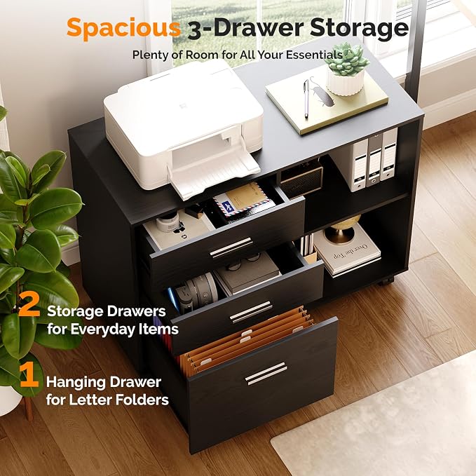 VINGLI 3 Drawer Wood Lateral File Cabinet with Adjustable Shelves & Locking Wheels, Printer Stand with Drawers for Letter Size Files, Sturdy Black File Cabinets for Home Office, Study & Business