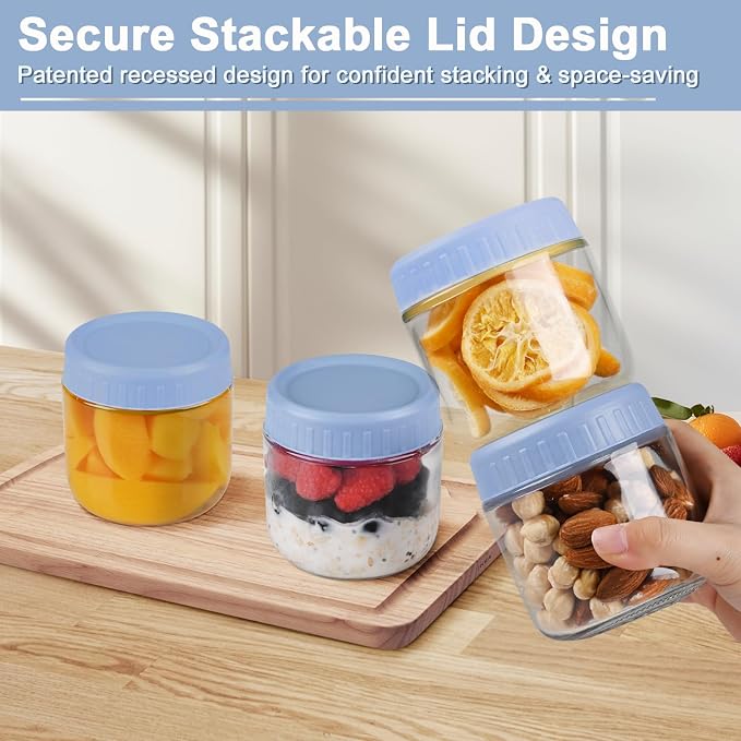 Overnight Oats Containers with Lids, 10oz Wide Mouth Mason Jars with Lids, 6 Pack Glass Jars with Airtight lid for Chia Pudding Yogurt Salad, Meal Prer Oatmeal Jars, Blue