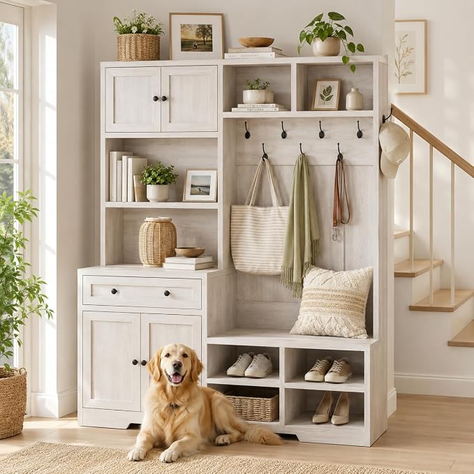 Einhomn 5-in-1 Hall Tree with Bench and Shoe Storage, 51" W Entryway Organizer Coat Rack with 9 Hooks, 2 Storage Cabinets, Drawer, Open Cubbies for Mudroom, Hallway, Living Room, Rustic White