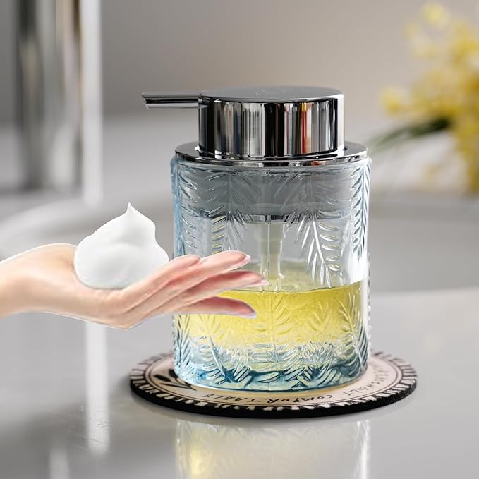 CICUFY Glass Foam Soap Dispenser for Kitchen & Bathroom - Refillable Liquid Soap Dispenser with Large Silver Pump (Leaf Pattern-Blue)