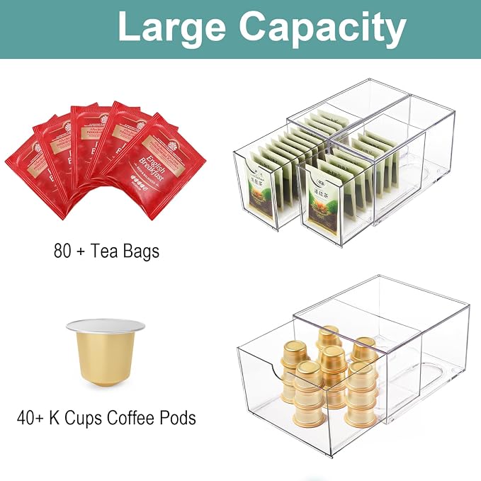 Yarlung 3 Pack Coffee Pod Organizer Tea Bag Holder, Clear Acrylic K Cup Holder Box Stackable Coffee Bar Drawer Container for Cabinet Countertop Storage