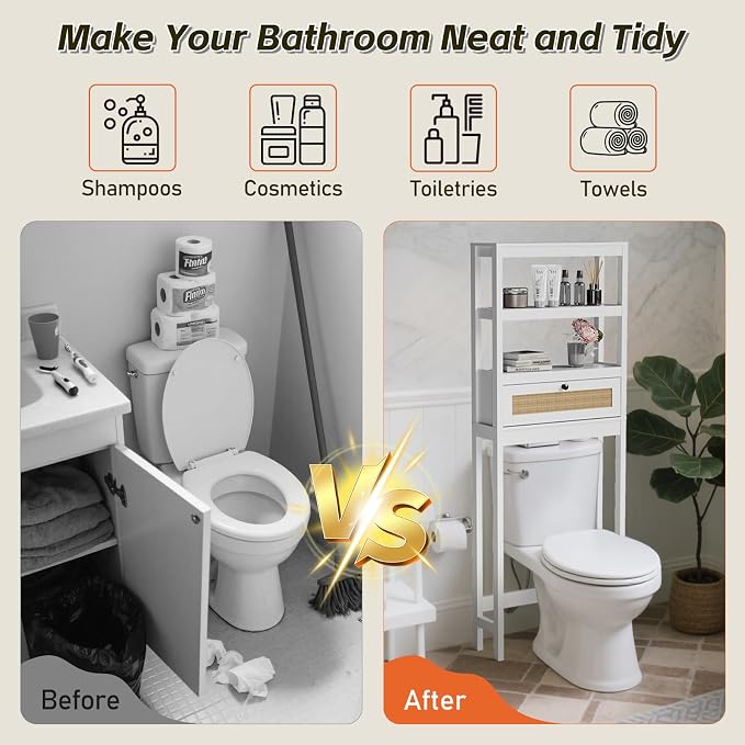 Over Toilet Storage Cabinet with Barn Door & Adjustable Shelves | 24 Inch Wide Bathroom Organizer, Space-Saving, Sturdy Wood, Anti-Tipping, Easy Assembly, for Restroom, Laundry, Small Spaces