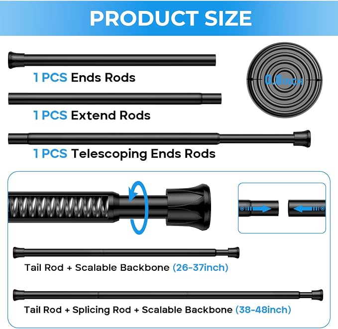 2 Pack Tension Rods for Windows 28 to 48 inch, Adjustable Curtain Rods No Drilling Spring Rods Extendable Pressure DIY Tension Rod for Window Closet Kitchen, Black