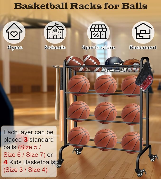Basketball Racks Holder for Balls with Wheels, Rolling Metal Sports Equipment Storage Stand Organizer with Baskets and Hooks for Basketballs Footballs Volleyball, Black