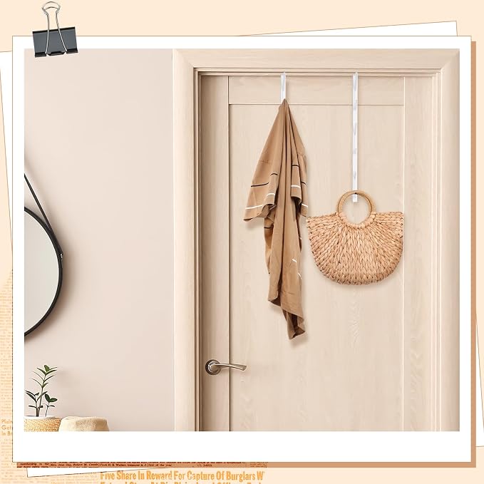 Tandefio 4 Pack 13.8" Over The Door Hook Hanger Comes with 6 Hooks from Large to Small Metal Extra Long Over The Door Hooks Hanger for Hats Rack Coat Scarf Purse Bags Scarf Keys and More (White)