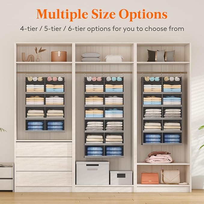 Lifewit Dual-Row 6 Tier Hanging Closet Organizer and Storage, Wide Clothes Storage Shelves with 3 Sturdy Hooks for Clothing Organization, Large Foldable Sweater Shelf for Bedroom, 12 Sections, Grey