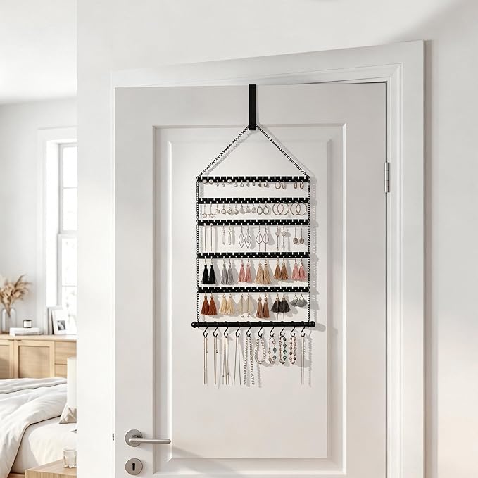 Hanging Jewelry Organizer, 5 Tier Wall Mounted Hanging Earring Holder with 10 Necklace Hooks, Adjustable Earring Display Storage with Holes and Grooves for Earrings, Necklaces, Bracelets and Rings