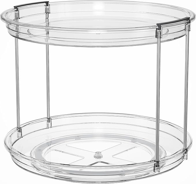 LAMU Rotating Makeup Organizer for Vanity, 10.6in 2 Tier Lazy Susan Turntable Stackable Spinning Skincare Organizer Cosmetic Perfume Tray Display for Bathroom Counterop, Large Capacity, Clear