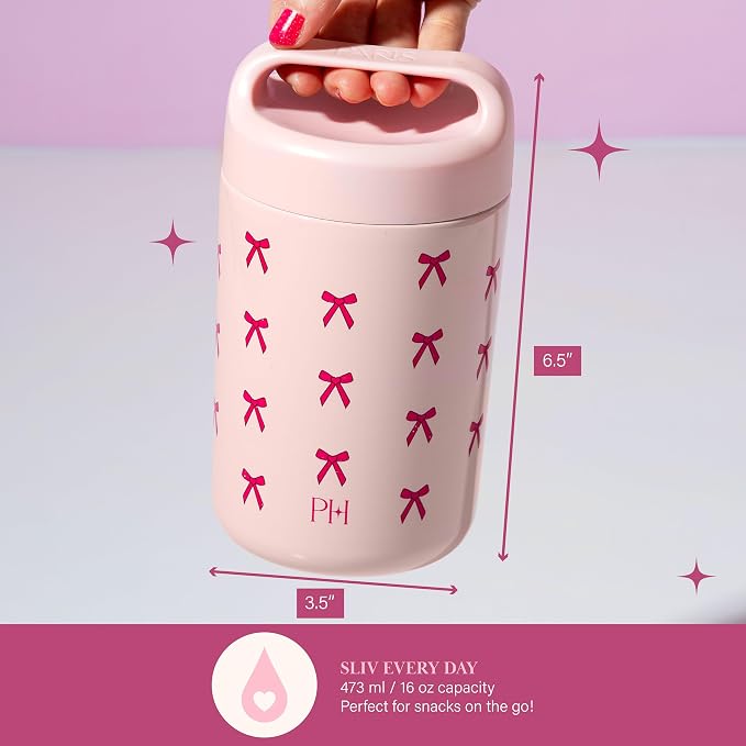 Paris Hilton Stainless Steel Food Jar, Double Wall Vacuum Sealed Insulated Food Storage Container with Carry Handle Lid, 16-Ounce, Pink with Bow Design