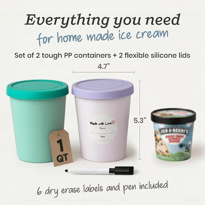 StarPack Freeze The Day Homemade Ice Cream Containers (2-Pack, 1 Quart) - Airtight Silicone Lids, BPA-Free Reusable Ice Cream Freezer Containers with Lids, Stackable, Lavender & Mint