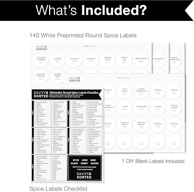 Round Spice Labels Stickers for Glass Jars - 140 Preprinted Waterproof Spice Jar Labels Stickers for Top of Lids, Seasoning Labels Only, Kitchen Pantry Organization