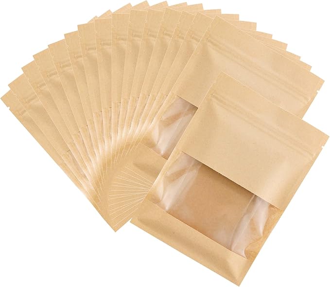 100PCS Resealable Kraft Paper Packaging Bags with Clear Window, Food Grade Heat Sealed Zipper Pouches for Coffee, Tea, Nuts, Snacks, Cookies (Kraft, 7 * 9CM/2.8"*3.5"-100PCS)