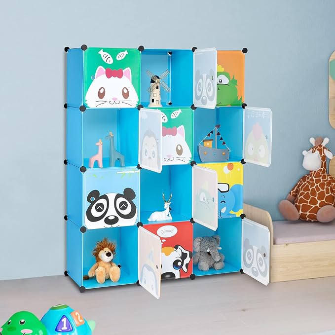 12 Cubes Storage Organizer,Portable Closet Wardrobe,Plastic Clothes Storage Shelves,Modular Bookcase Closet Cabinet,with Doors,for Kitchen, Bedroom, Playroom, Living Room, Office, Dorm (Blue)