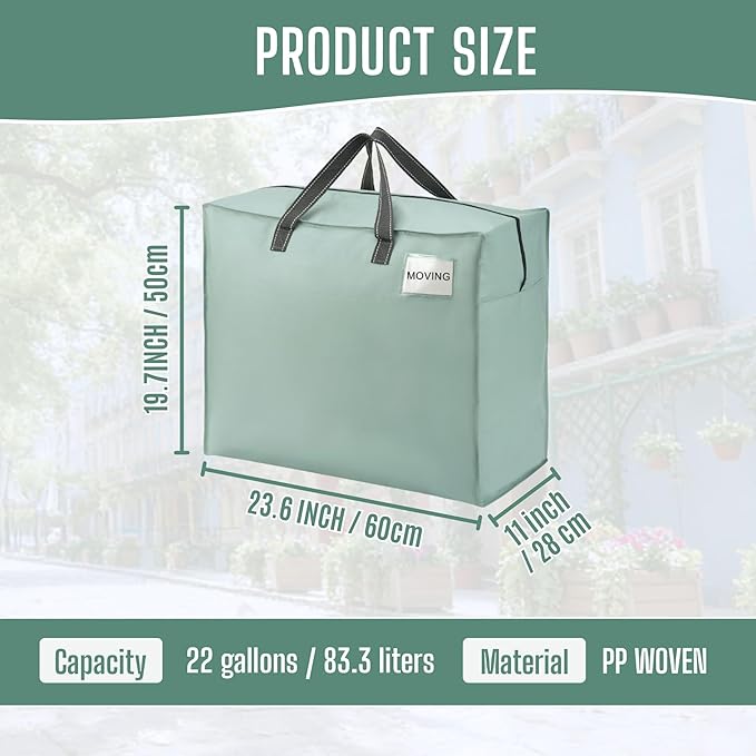 VENO 4 Pack Heavy Duty Moving Bags, Storage Bags, Packing Supplies, Top Zipper, Storage Totes for Camping, Clothes, Bedding, Comforters, Pillows (22 Gallon Light Green, 4 Pack)