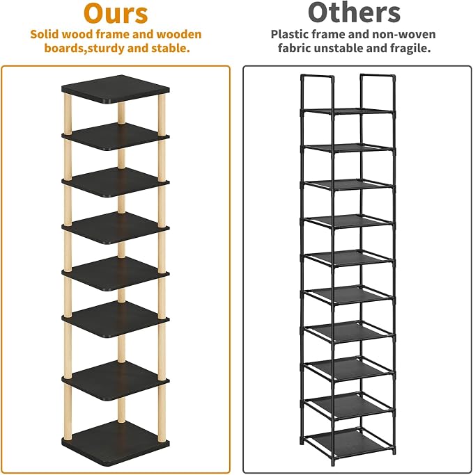 8 Tiers Vertical Shoe Rack, Tall Narrow Shoe Tower, Corner Shoe Rack, black | Small Shoe Organizer for Entryway, Closet, Dorm & Small Spaces, Freestanding Wooden Shoe Shelf for Boots, Sneakers, Heels.