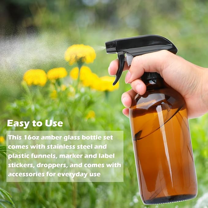 16oz Amber Glass Spray Bottles,Glass Spray Bottles for Cleaning,spray Bottle for Hair,Amber glass Spray Bottle for Window cleaner, plants, aromatherapy, facial hydration, hair care, flowers 12pcs