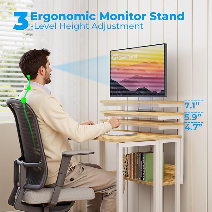 GreenForest Folding Desk with Adjustable Monitor Stand, 24.8 in Small Desk | Storage Shelf, Lockable Wheels, Portable, Space Saving, Mobile Rolling Table for Small Spaces, Home Office, Writing, Oak