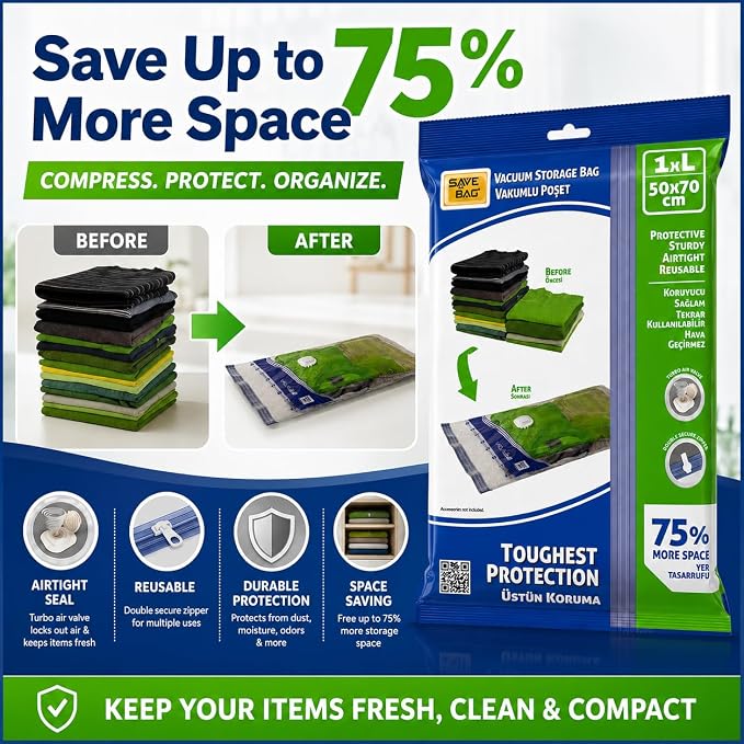 Jumbo Vacuum Storage Bags, Space Saver Sealer Compression Bags for Comforters, Blankets, Pillows, Bedding, Clothes (50cm x 80cm -1Pack Large)