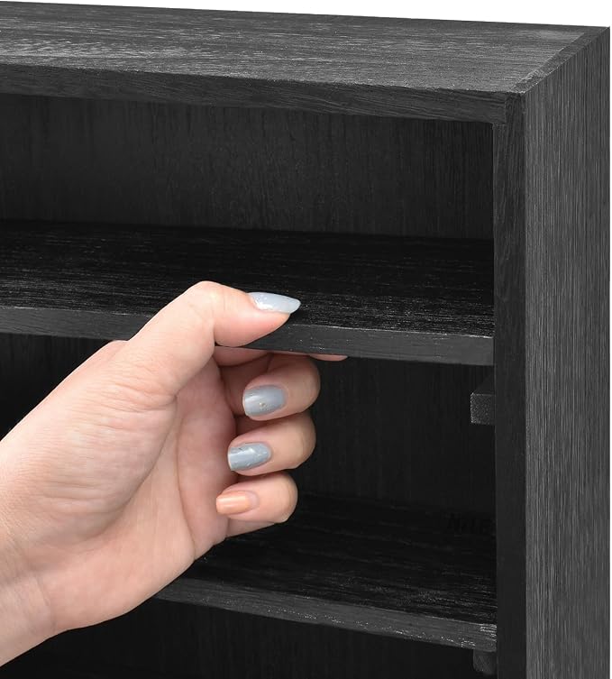 Ikee Design Wooden Wall-Mounted Display Shelves Rack for Collectibles, Figures,Shot Glasses,Spice Can,Cosmetics or Perfume, 5 Adjustable Height Shelves,Space-Saving, Black Color