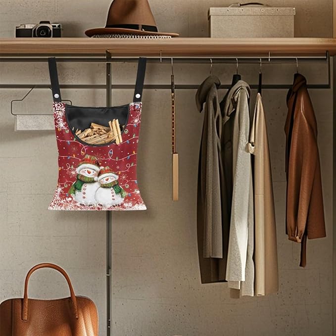 Christmas Snowman Laundry Clothespin Bag Holds 100 Medium-Sized Clothes Pins, Red Waterproof Polyester Material, 2 Ropes for Hanging and Effortlessly Sliding on Clothesline