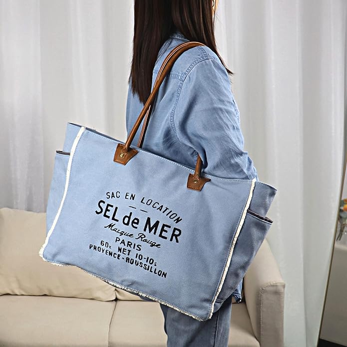Lamyba Sel De Mer Canvas HandBag Upcycled Canvas Leather Tote Bag