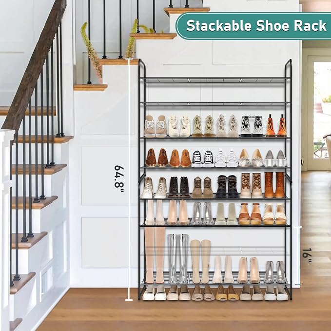SLEEPING LAMB 4 Tier Long Shoe Organizer for Closet, Metal Shoe Rack Wide Shoe Storage Organizer 30-Pairs Shoe Shelf for Bedroom, Floor, Entryway (Black)