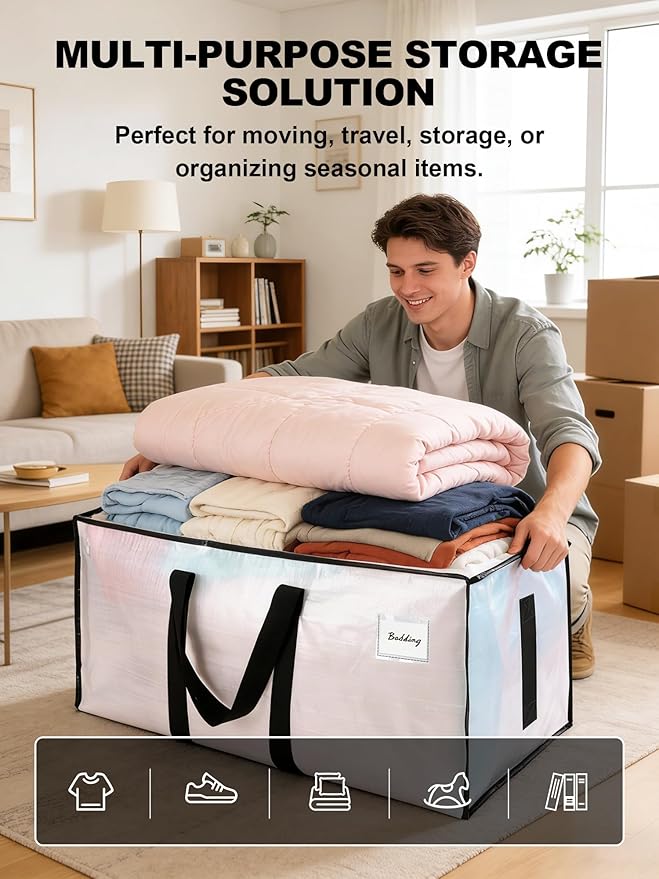 80 Pack Large Strong Moving Bags with Zippers & Carrying Handles - Water-Resistant - Heavy Duty Storage Tote for Space Saving, Fold Flat, Alternative to Moving Box (Semi-Transparent)