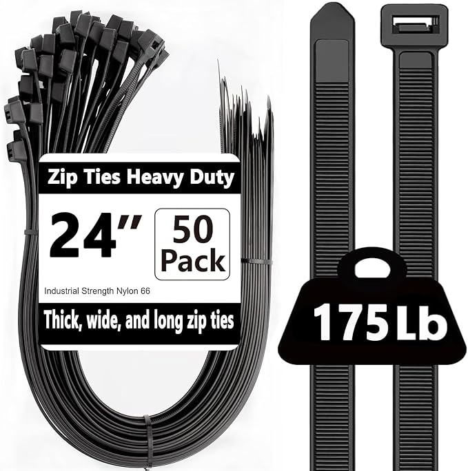 24 inch Black Long Zip Ties Heavy Duty 50 PCS, 175LBS Ultra Strong Plastic Wire Ties, Large Cable Ties Extra Long Tie Wraps, Indoor and Outdoor UV Resistant