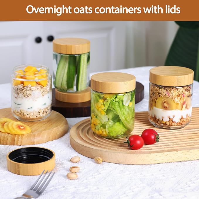6pcs Glass Overnight Oats Containers with Lids, 16oz Storage Containers | Glass Storage for Dry Food, Jars with Bamboo Lids for Yogurt & Salad, Portable for Picnic & Lunch