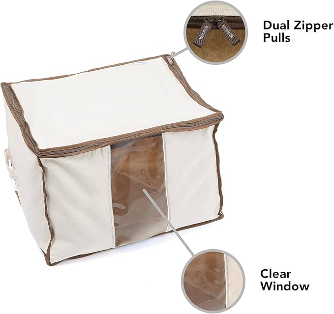 Covermates Canvas Storage Bag for Blankets, Clothes & Décor, 100% Cotton Breathable Fabric, Clear ID Window, Dual Zipper Closure, Carry Handles, Closet Organization, Natural