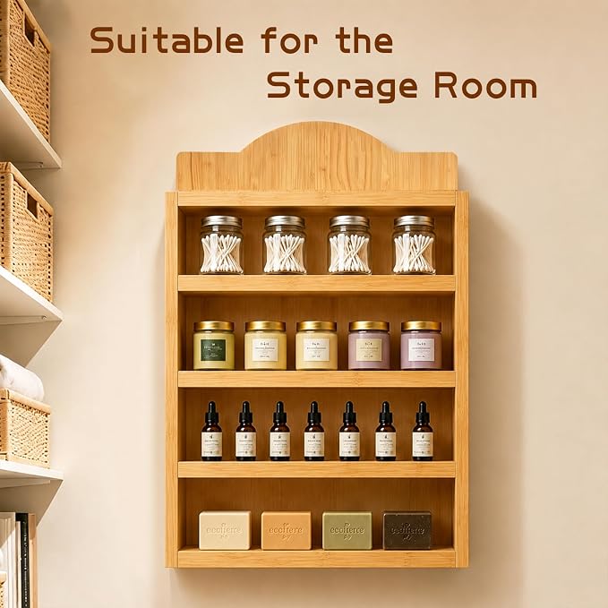 Farmhouse Spice Rack Wall Mounted, 4 Tier Wooden Spice Organizer Shelf for 24 House-Shaped Jars, Natural Wood Decorative Kitchen Shelf
