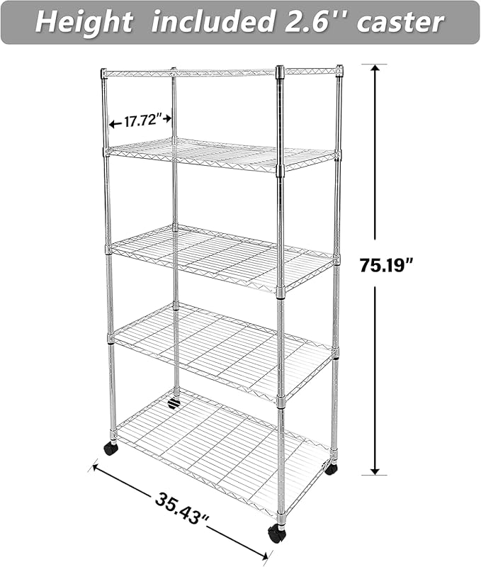 Simple Deluxe 5-Tier Heavy Duty Storage Shelves, 1750 Lbs Loading Capacity, 35.43" W x 17.72" D x 70.87" H Adjustable Shelving Unit with Wheels, Chrome