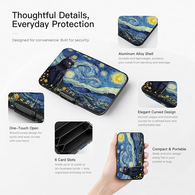 Credit Card Holder RFID Aluminum card case Starry Sky Cat mini Wallet Women | ABS Business ID Case,Hard Case Large Capacity 6 Slots, Waterproof Durable ，Secure Closure Slim Small Credit Card Protector
