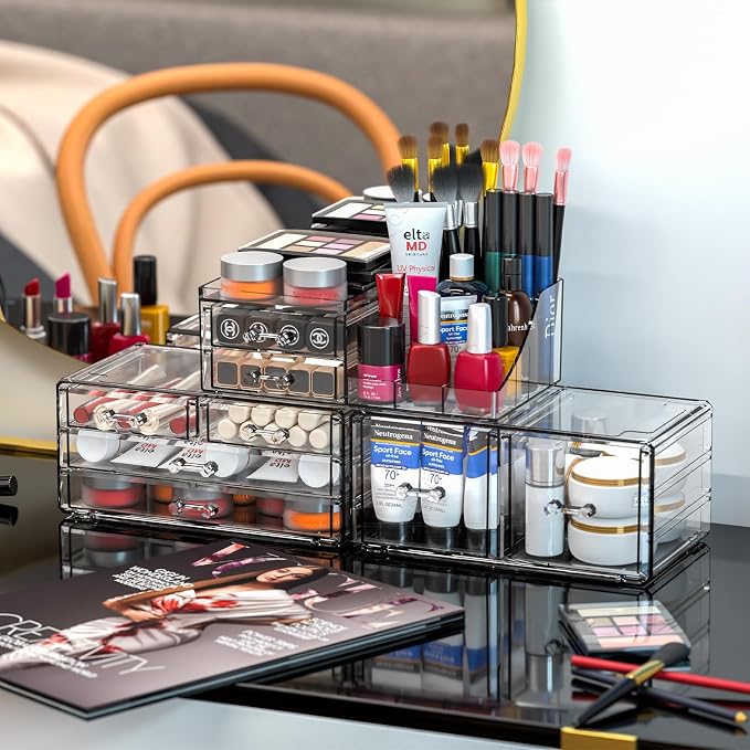 Cq acrylic 3 Pack Clear Makeup Organizer Countertop,Stackable 8 Drawers Skin Care Organizer,Cute Make Up Organizers for Vanity Jewelry,Hair Accessory,Beauty,Skin Care,Skincare Product Desk Storage