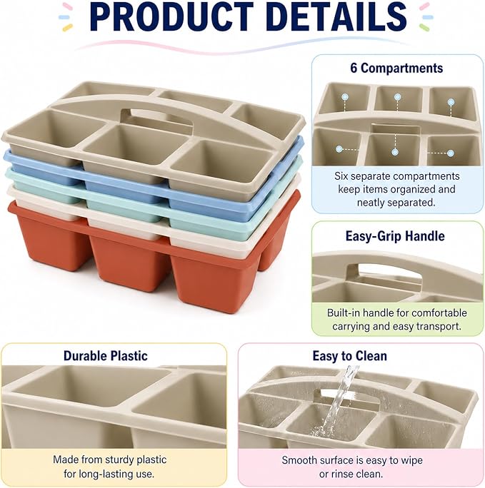 gisgfim 6 Pack Plastic Classroom Caddy with 6-Compartments Plastic Storage Caddies with Handle 6 Compartments Table Caddy Organizer Versatile Table Caddies for Classroom Office Storage, Morandi Color