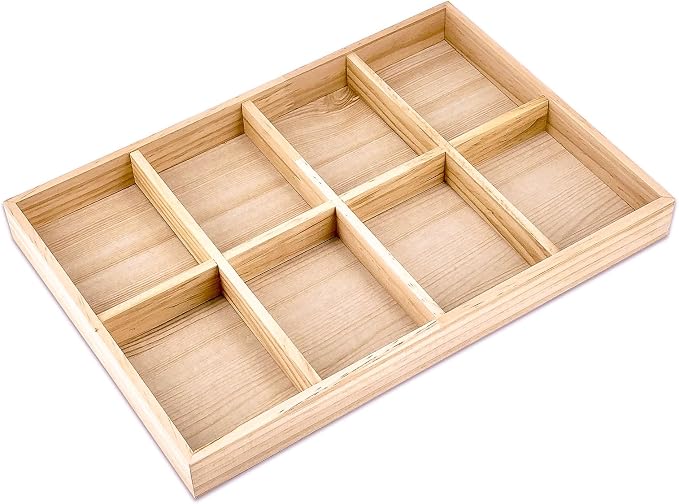 The Display Guys - Stackable Jewelry Tray and Organizer - for Drawers, Dressers, Store Display (8 Compartments, Natural Wood)