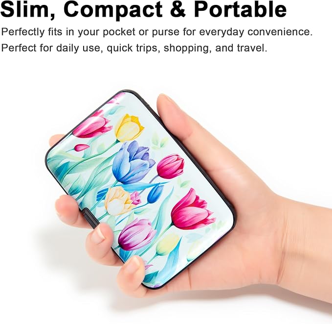 Credit Card Holder for Women Men RFID Blocking Wallet Small Business Metal Slim Mini Aluminum Hard Case (Watercolor Tulips)